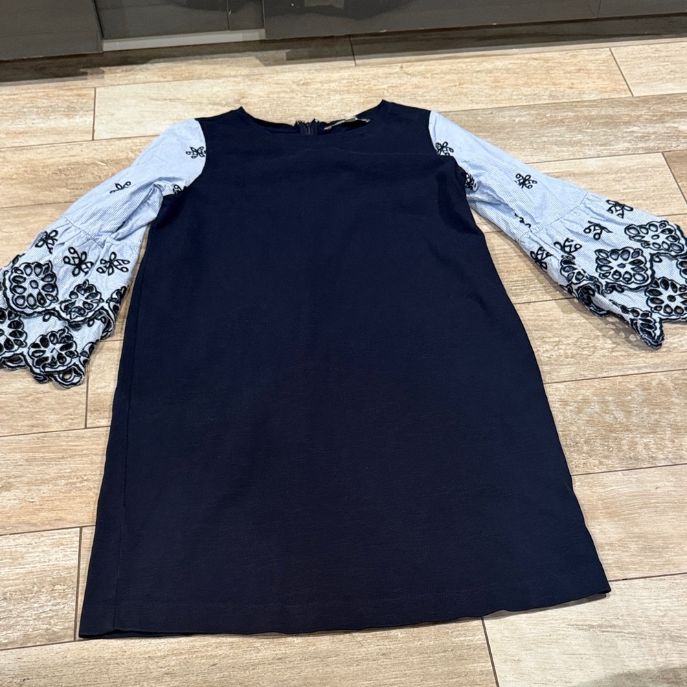 LOFT Navy Dress with White Patterned Sleeves